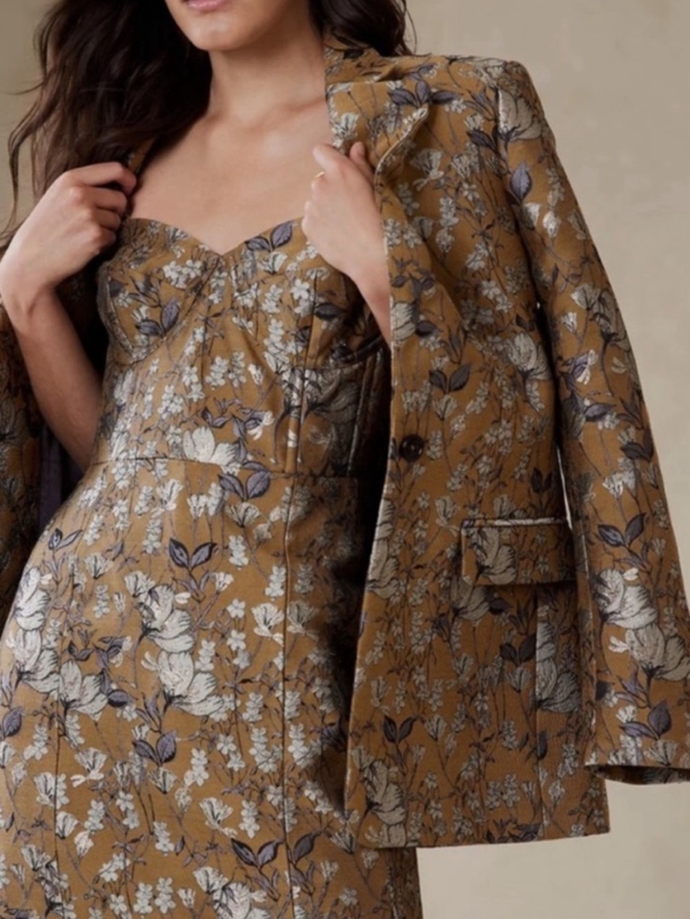 Banana Republic Eclat Brocade Blazer Gold Floral Metallic Jacquard Size 8 - Picture 2 of 15